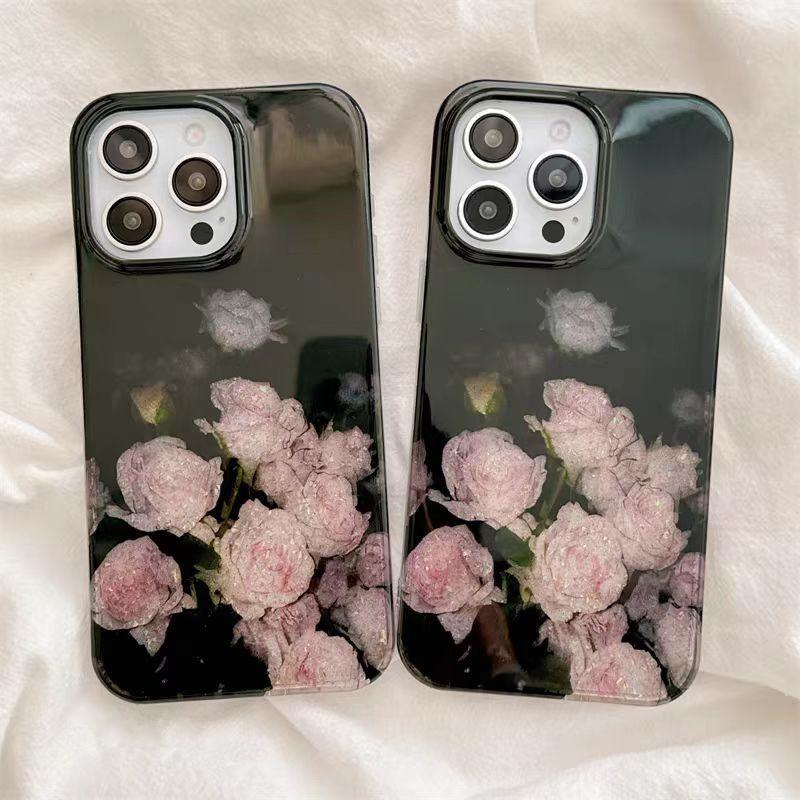 Pink Rose Flower Glossy Black Phone Case For iPhone 16 16e 15 14 13 12 11 Pro Max XS XR 7 8 Plus Shockproof Soft Silicone Cover