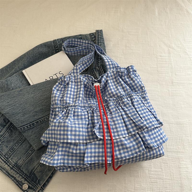 Cute Plaid Cotton Tote Bag Large Capacity Ruffle Handbag Large Capacity Shoulder Bags  Sweet Commuting Bag For Women Gift