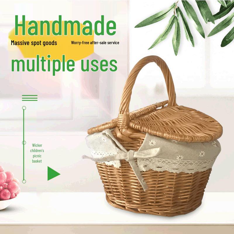 Handmade Wicker Willow Picnic Basket with Lid - Pastoral Style Storage and Fruit Basket