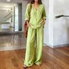 Women's Relaxed Long Sleeve Two Piece Matching Set Commuter V Neck T Shirt Wide Leg Pants Linen Co Ord