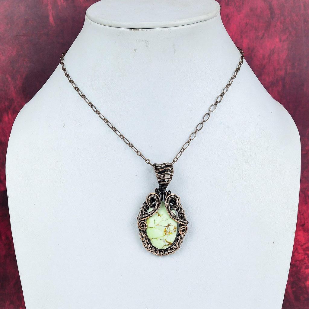 Lemon Chrysoprase Pendant Copper Wire Wrapped Pendant Handmade Pendant Wire Weaving Jewelry Gemstone Pendant Anniversary Gift Copper Jewelry