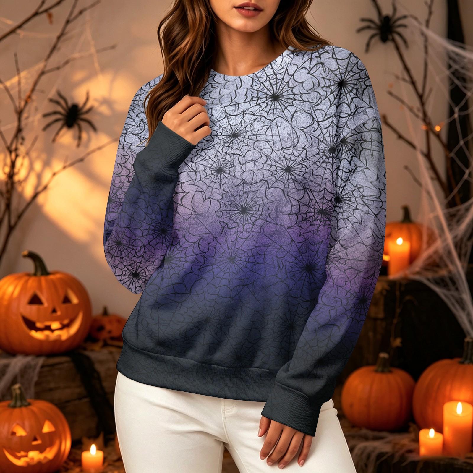 Women s Long Sleeve Halloween Print Neck Sweatshirt, Casual Relaxed Fit Pullover Top XXL