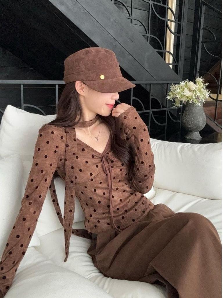 Großformat Vintage Polka Dot Schlankes V-Ausschnitt Langarm T-Shirt für Damen und Mädchen - Herbstmode
