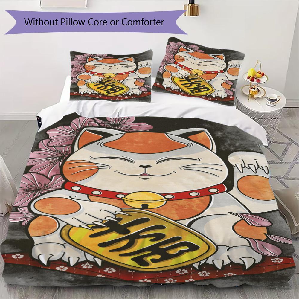 Lucky Cat Pattern Bedding,Quilt Set Quilt Cover Pillowcase Home Birthday Gift (1*duvet cover+2*pillowcase,without core)ZSJT0917220