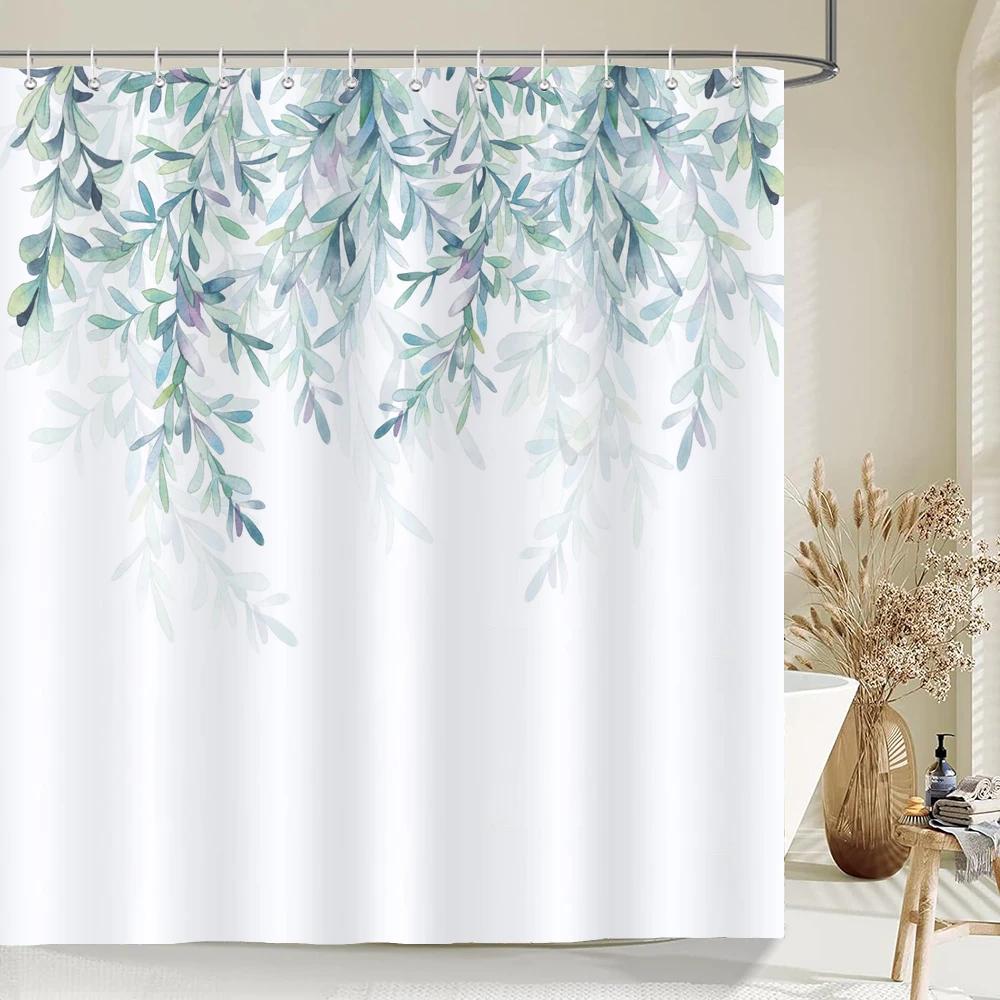 Aquarell Blätter Floral Duschvorhang 180Cm *180Cm Mit Haken, Wasserdichter Duschvorhang, Duschvorhänge Für Badezimmer