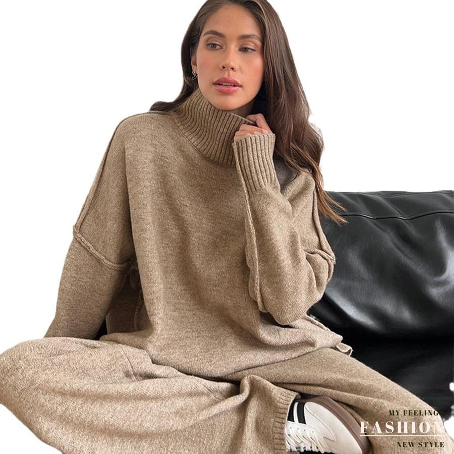Set Maglione a Collo Alto e Pantaloni in Maglia da Donna Autunno/Inverno - Stile Europeo/Americano, Vestibilità Ampia, Spesso, Casual