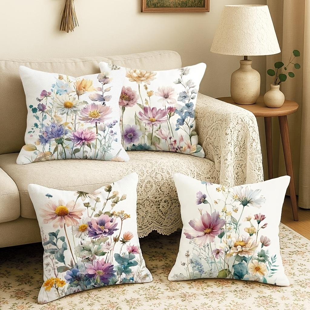 Floral Spring Summer Garden Throw Pillow Covers Pink Purple Green One Sided Decorative Pillowcase Living Room Bedroom Sofa Decor