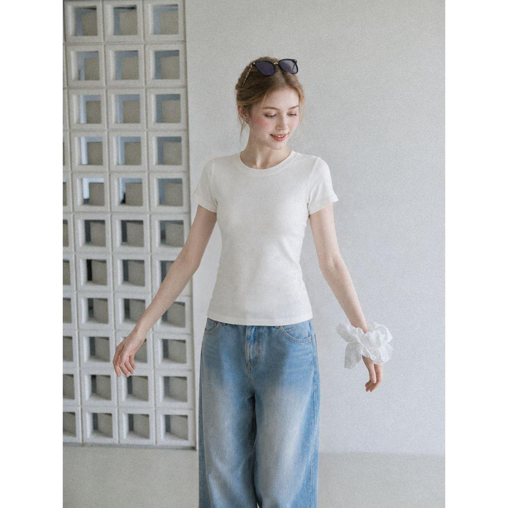 Korean Oat Round Neck Front Shoulder Short-sleeved T-shirt Women's New Simple Casual Fashion Versatile Temperament Top Summer