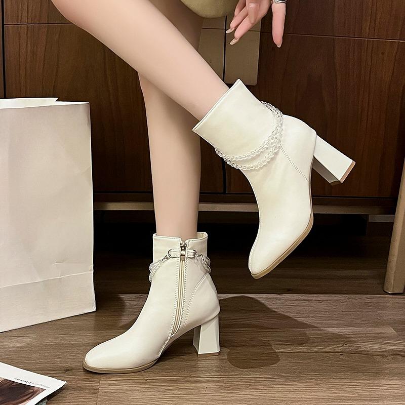 White Booties Women Block Heel Square Toe Beige Skinny Boots New Fall French Ankle Boots High Heel