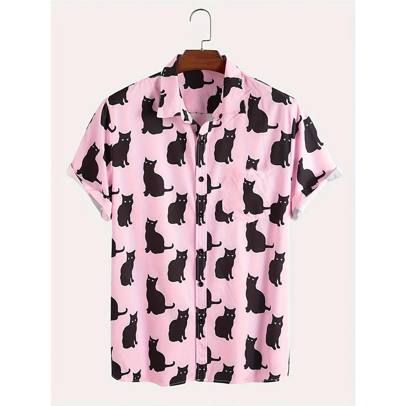 Cute Cat Pattern Print Men Summer Shrot Sleeve Lapel Shirt Men Loose Fashion Hawaii Shirt Tops