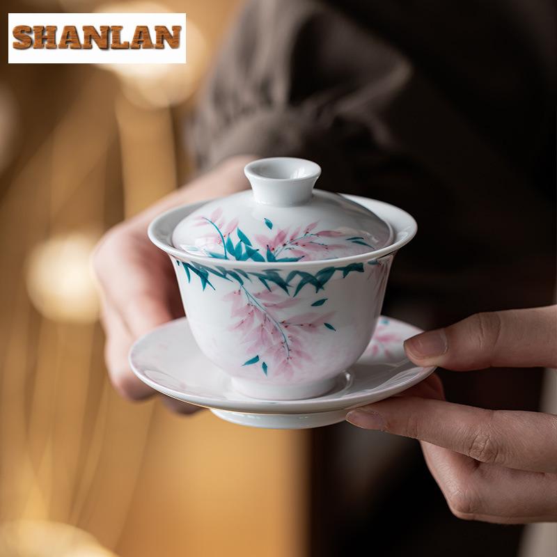 100ml Hand-painted Wisteria Flower Three-talent Gaiwan Antique Tea Tureen Tea Bowl With Lid Kit Tea Making Cover Bowl Teaware