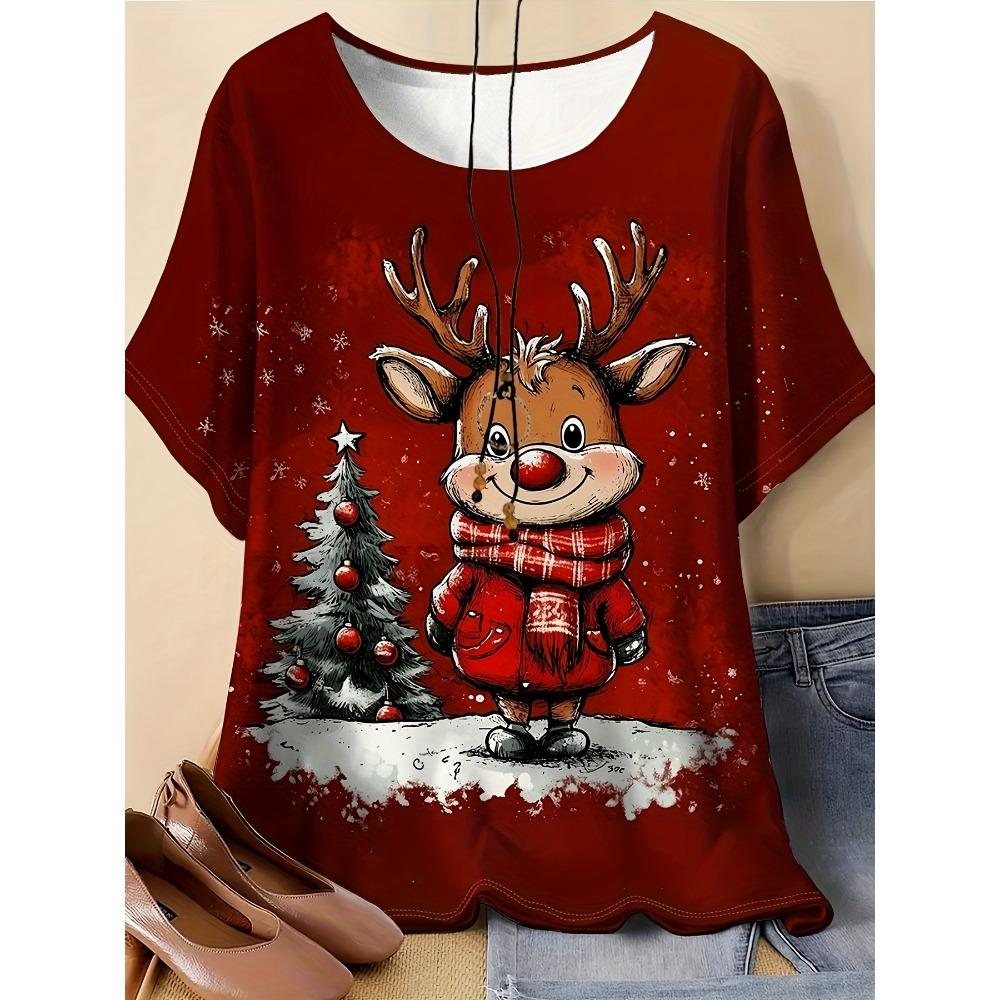 

Women s 3D Snowman Golden Balloon Print Top Winter & Golden Glitter Women s T-shirt with Round Neck Short Sleeve Tops Y2k Clothes XS