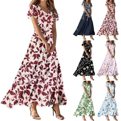 Women's Casual Fashion Print Long Dresses V-Neck Short Sleeve Dresses