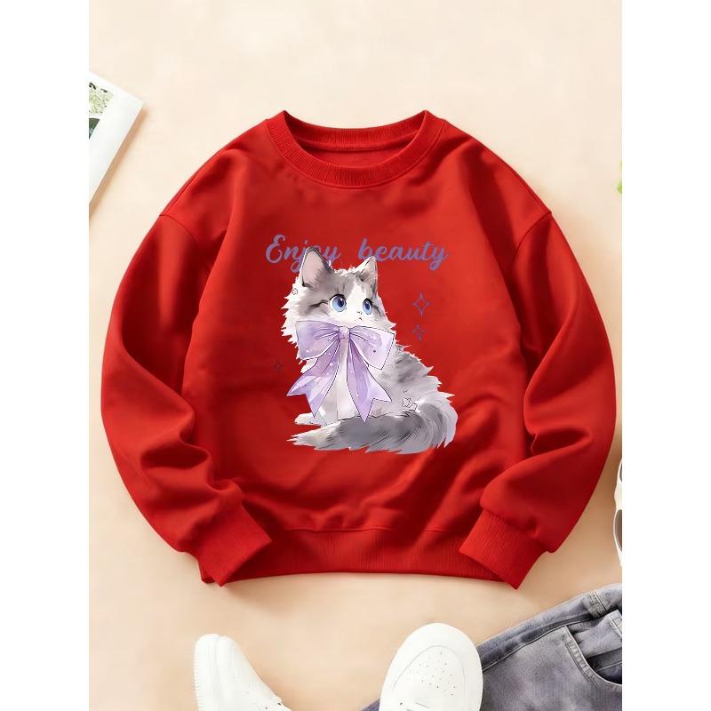 Kids Crewneck Long Sleeve Sweatshirt, Bow Kitten Print, Sports Casual Top for Autumn Winter