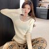Sexy Spice Girl Neck Lace Splicing Knitted Bottom Shirt Women's Spring Slim Skinny Pit Sweater with Top