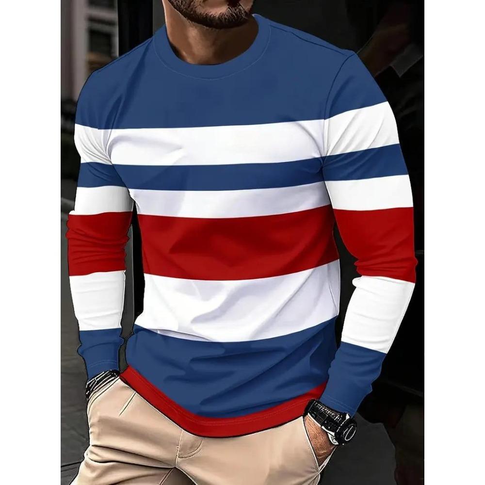 Fashionable Casual Long Sleeved T-shirt Soft Comfortable Vintage Creative Stripe 3d Printed Versatile Loose Men's T-shirt