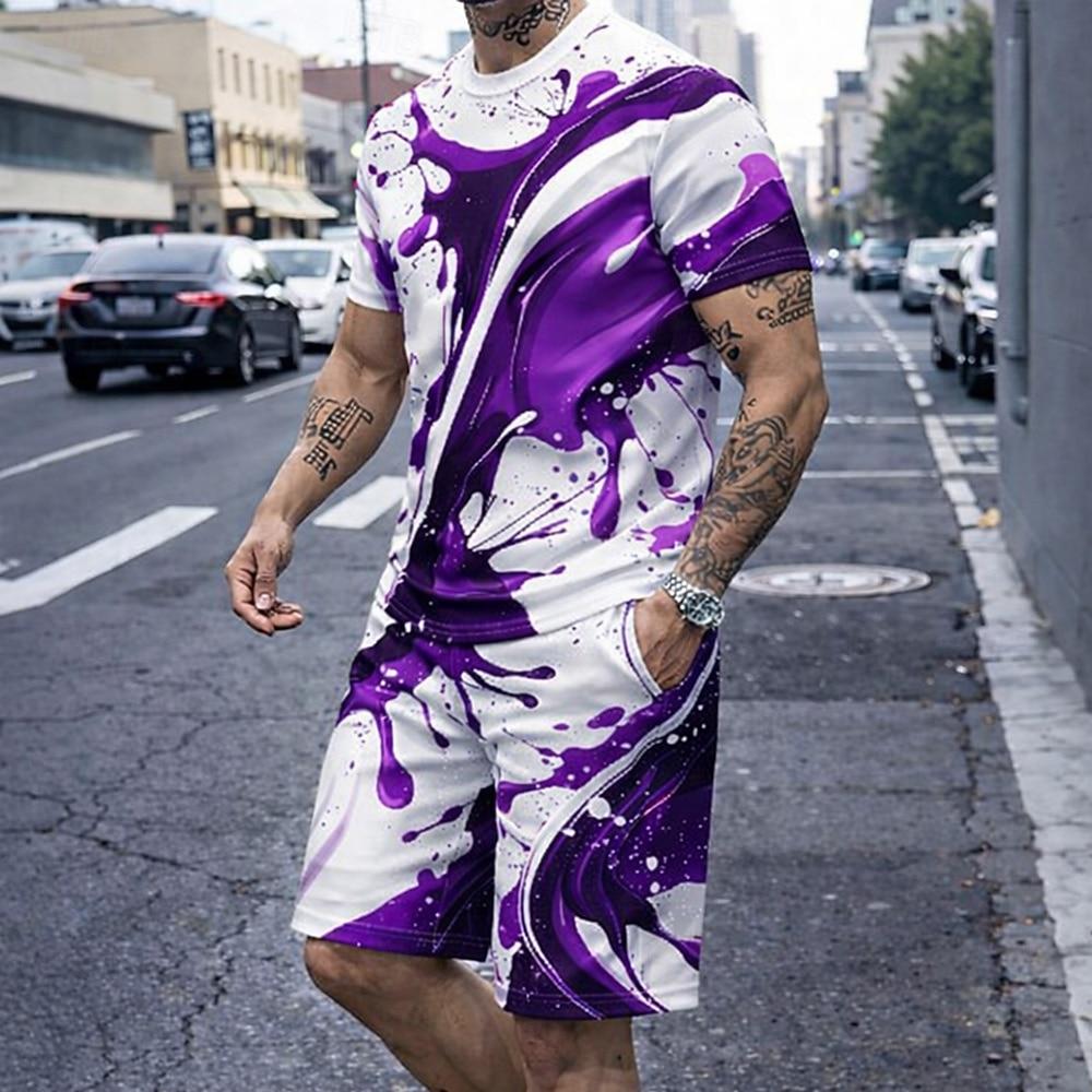 Men's Graphic 2pcs Tees sets Summer Tops Short Sleeve Short Pants Crew Neck Sport Casual Trendy Vacation Going out 3D Print Summer Blue Purple Green