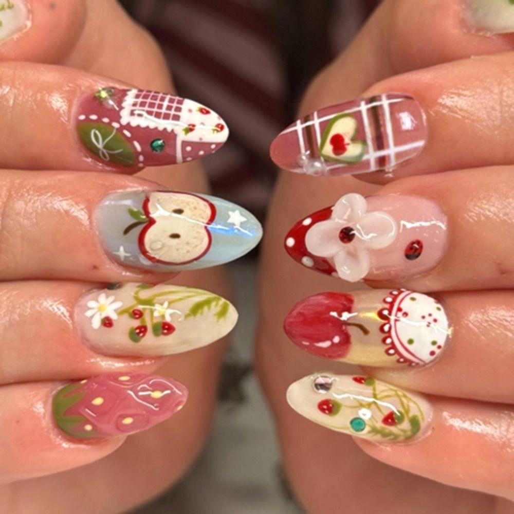 Manicure Long Almond False Nails Flowers French Press On Nails Starlight Fruit Aurora Fake Nails DIY