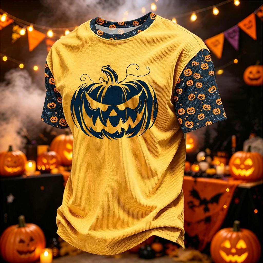 Herren Kord-Rundhals Leicht Atmungsaktiv Kurzarm Oberteil Halloween-Druck Kürbis Grafik Buchstaben oder Süßes Design Freizeithemd