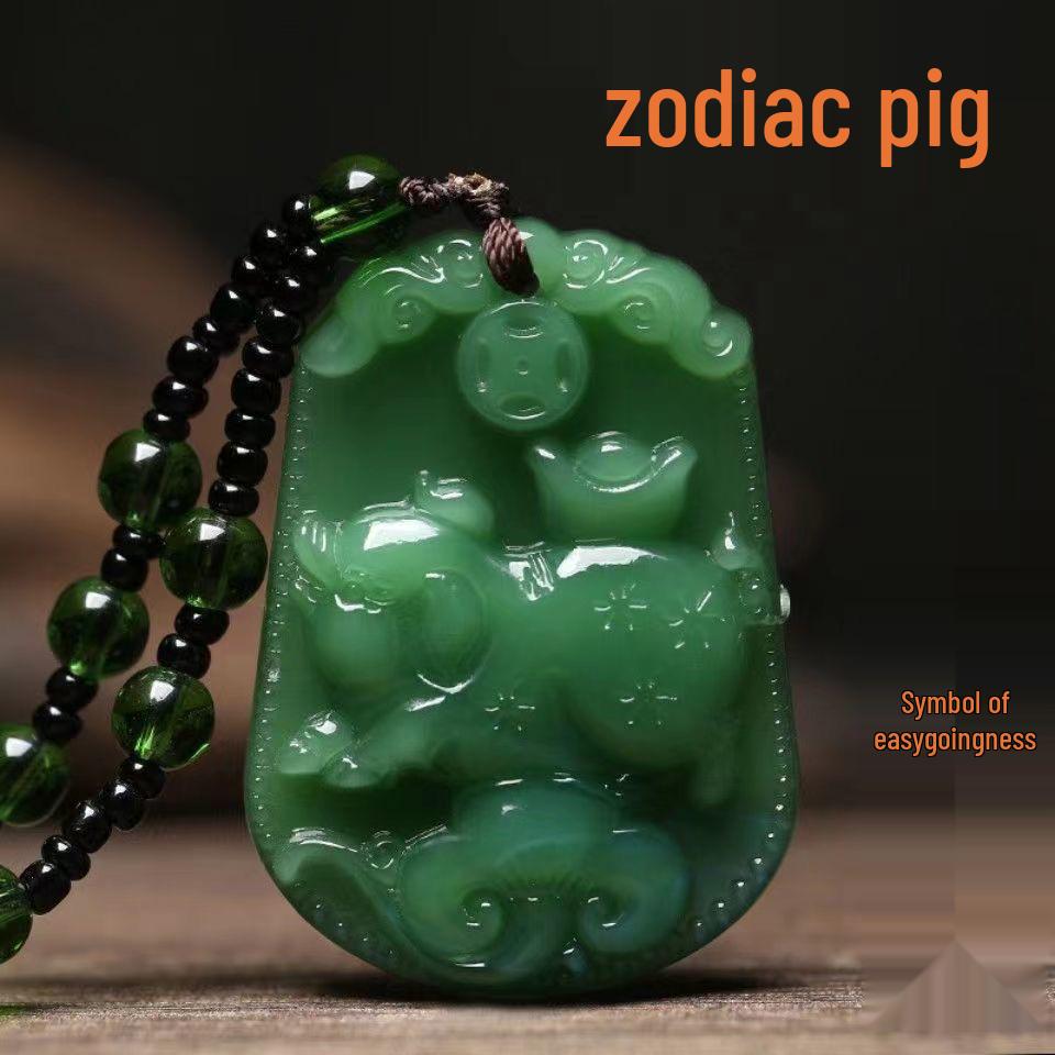 Dark Green Zodiac Snake Pendant Necklace in Imitation Hetian Jade for Men & Women