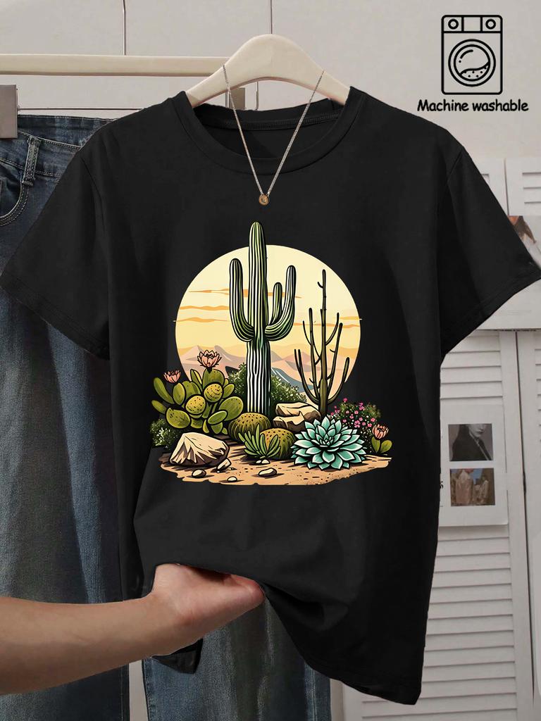 Ladies Round Neck Desert Sunset Cactus Succulent Landscape Printed Tshirt Fun Western Design for Daily Commuting