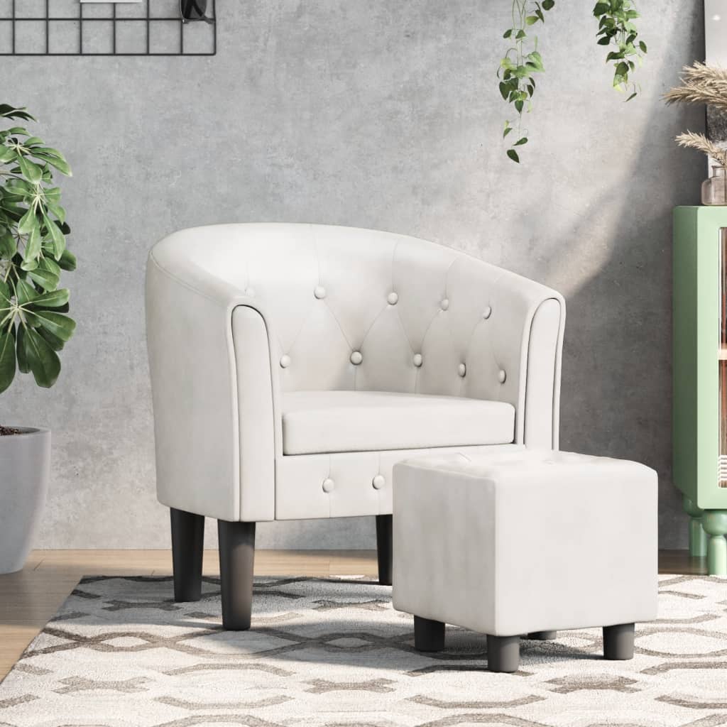 Club Armchair with Footstool White Faux Leather