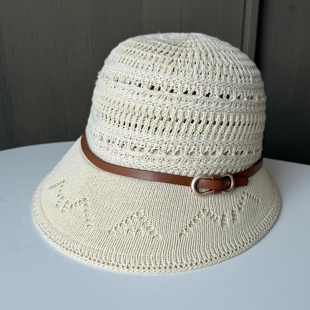 New belt buckle knitted fisherman hat women spring and summer hollow breathable leisure basin hat travel sun protection visor