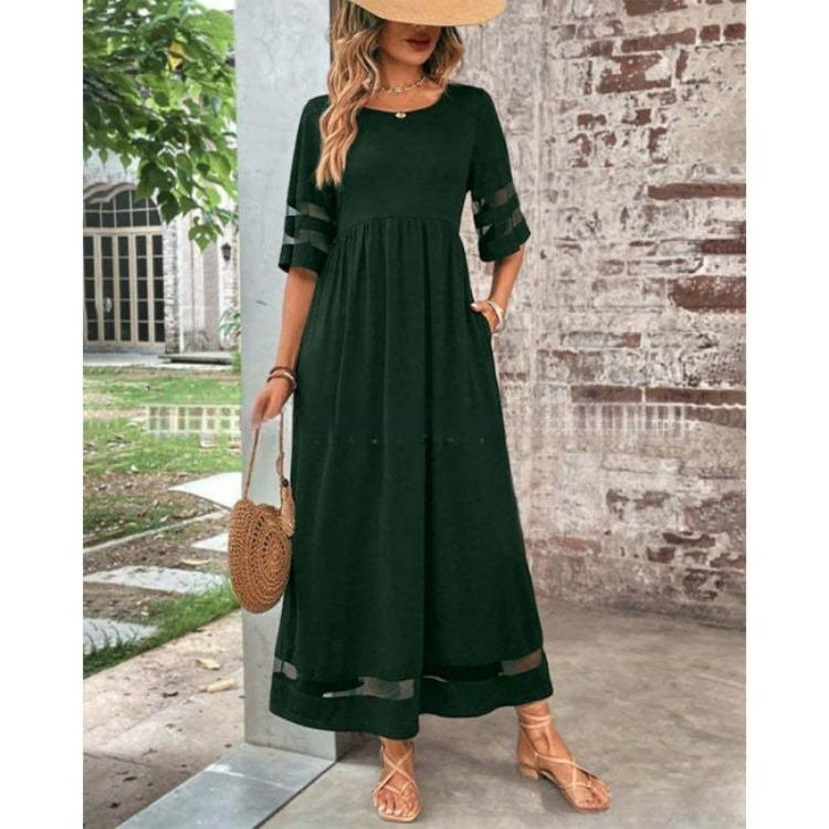 

Elegant Women Crew Neck Slimming Solid Color Long Dress Stretchy Fabric Mesh Panel Design All Season Wear 3XL