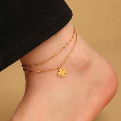 Tobillera de Moda de Doble Capa con Corazón y Trébol de Cuatro Hojas para Mujer Estilo Ins Simple Joyería para el Pie de Acero de Titanio