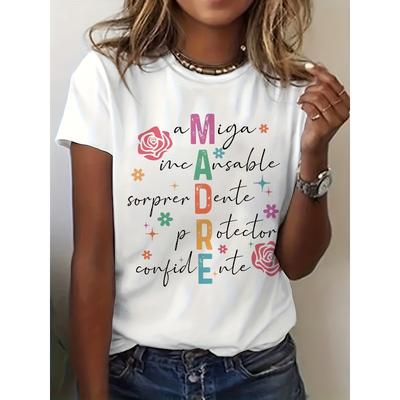 T-shirt da Donna Taglia Europea con Stampa Grafica 'Mama Madre' Spagnola - Design Floreale e Stellato Colorato, Top Casual Morbido Elasticizzato Girocollo