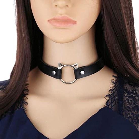 DECI Choker Heart Cat Circular Collar Leather Necklace Adjustable Size Accessory Gothic Alternative Unique Cosplay Harajuku Style Unisex
