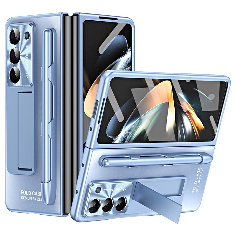 

For Samsung Galaxy Z Fold6 5G AG Case Kickstand Matte PC Phone Cover with Tempered Glass Film/Stylus Pen Blue