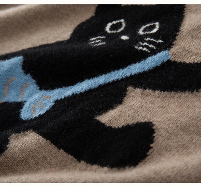 Korean Style Women's Cashmere Sweater - Cute Cat Jacquard, Round Neck Knitwear for Autumn/Winter