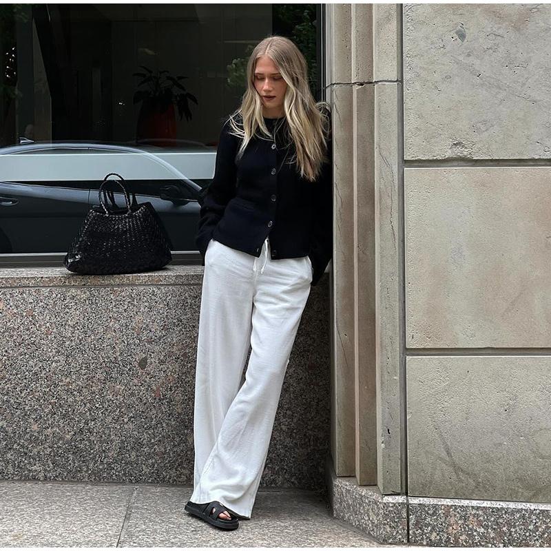 Ležérní pletený kardigan pro ženy Jednobarevný Slim O-výstřih Dlouhý rukáv Jednořadé zapínání Kapsa Dámské kabáty 2024 Podzim Nové Dámské pleteniny