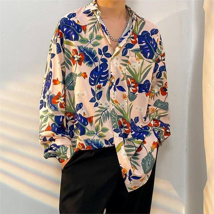 Retro Hong Kong Style Men's Floral Shirt Casual All-Match Jacket Japanese Korean Style Trendy Spring Autumn Fashion