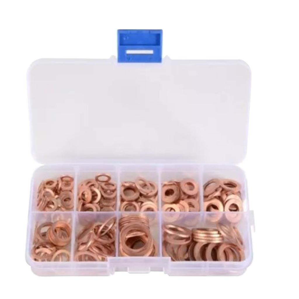 200 Pcs Flat Washers M5 M6 M8 M10 M12 M14 Copper Sealing Rings Gasket Assortment Kit