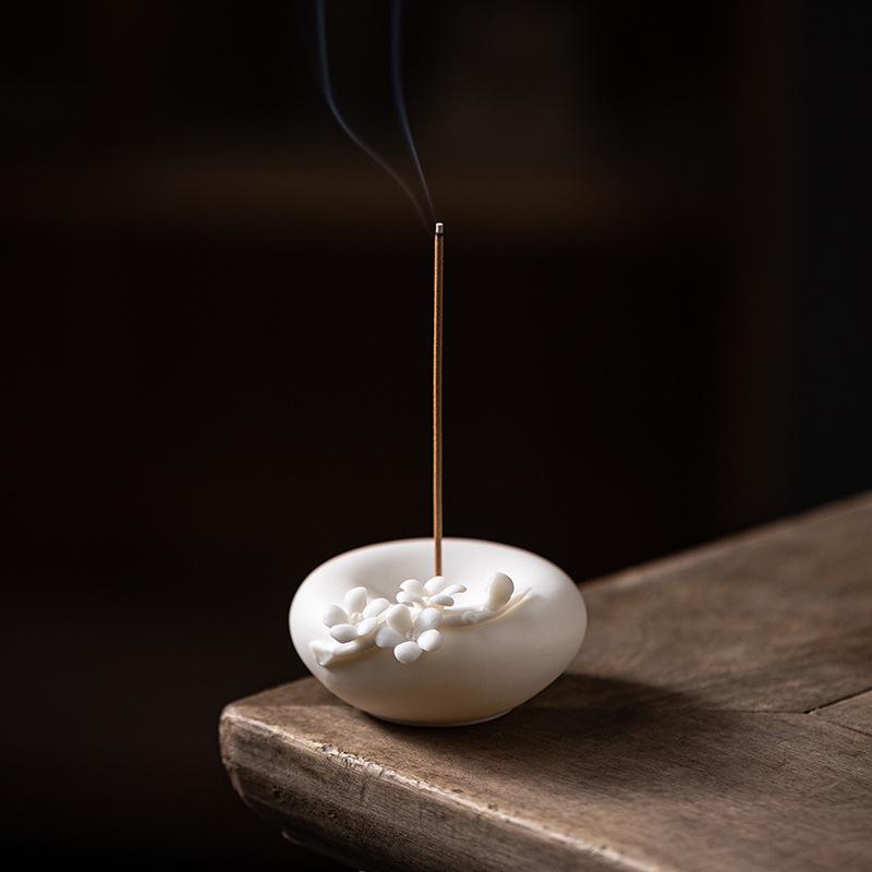 White Porcelain Plum Blossom Incense Holder: Handmade Vertical Stand for Indoor Use