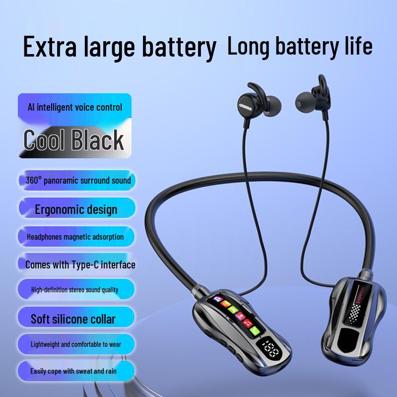 M101S Bluetooth Neckband Earphones with Long Battery, TF Card Support, Karaoke, and Back-In Ear Design.