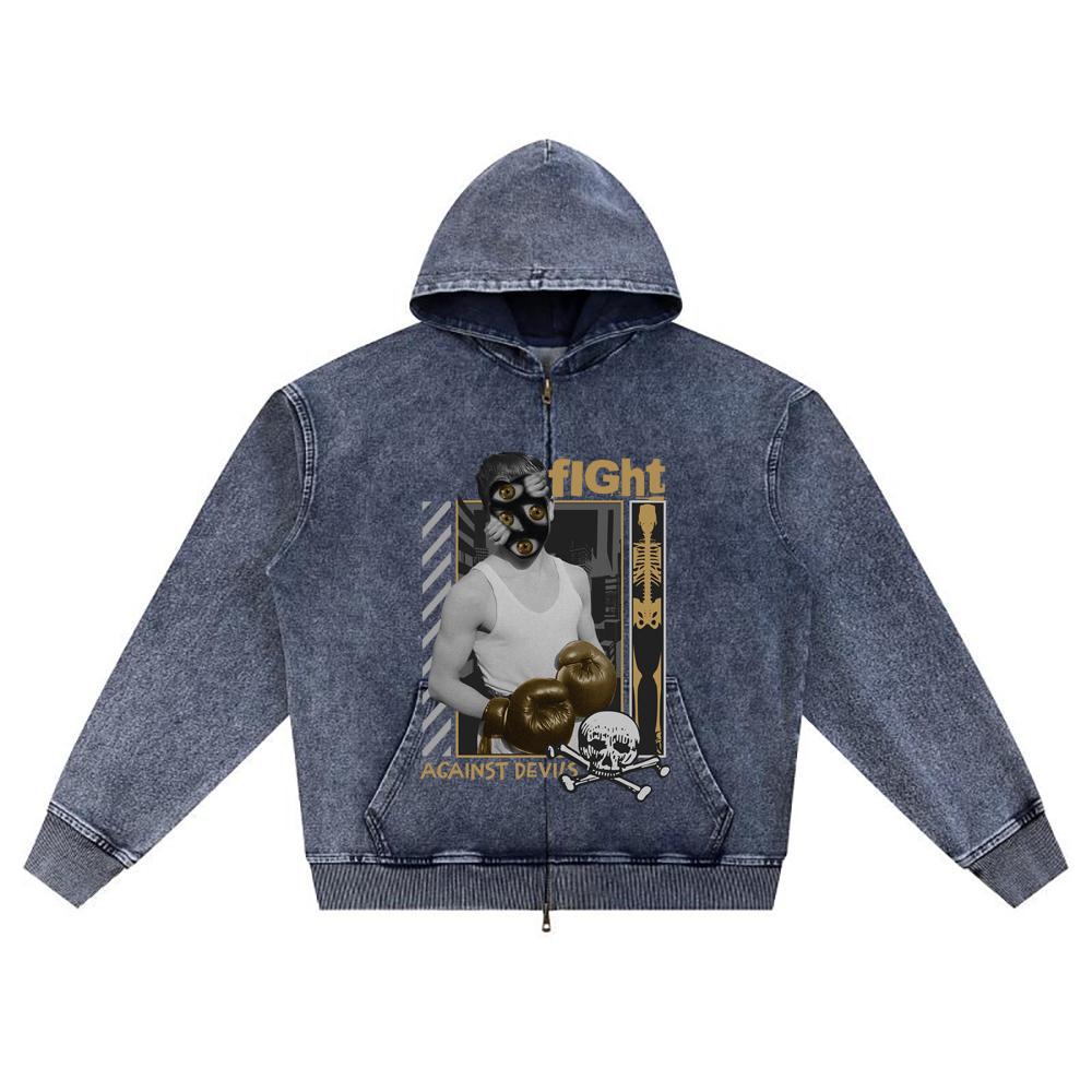 

Худи на молнии из вязаного денима с принтом DTG Fight Brother XL темно-синий