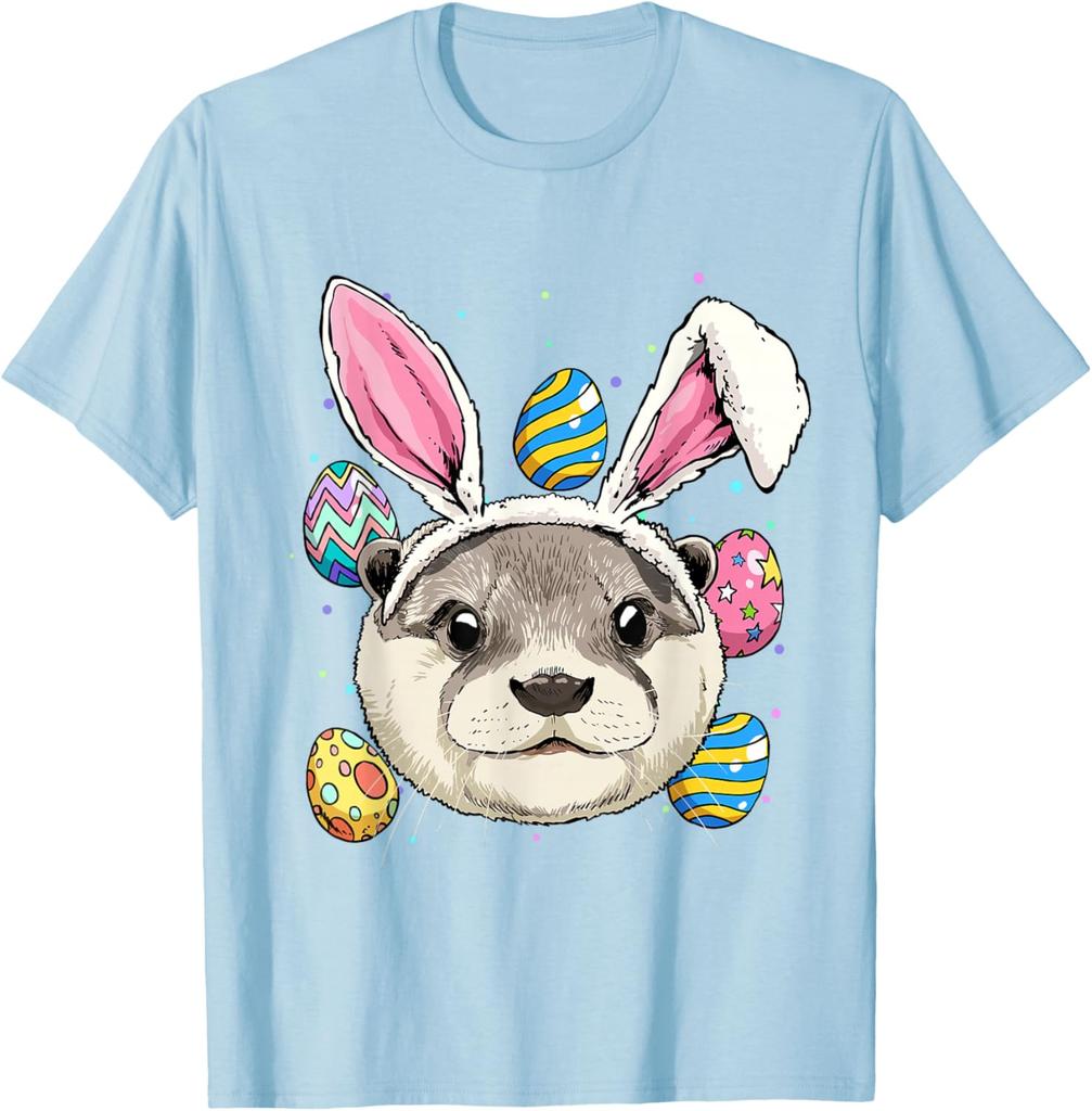 Otter Bunny Easter Eggs Graphic Tee Men Casual Vacation Trip Animal Lover T-Shirt