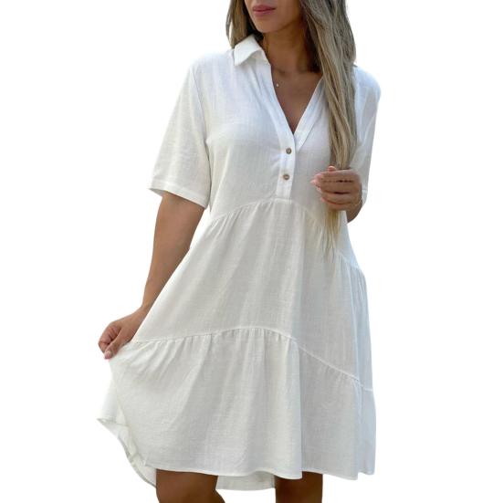 Abito Estivo da Donna Scollo a V Revers Plissettato Orlo Patchwork Tinta Unita Ampio A-line Ampio Giro Maniche Corte Lunghezza Ginocchio Abito Midi