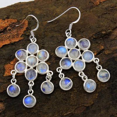 Maansteen Larimar Zilveren Oorbellen, 925 Sterling Zilver Handgemaakte Sieraden, Bloemensieraden, Hangende Oorbellen