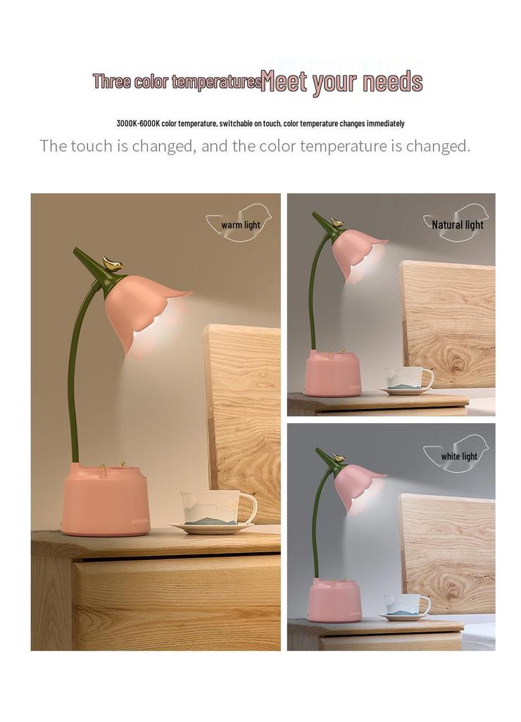 Elegant LED Touch Lamp with USB Charging - Flower and Bird Design Pen Holder, Eye-Caring for Bedrooms and Study Rooms.