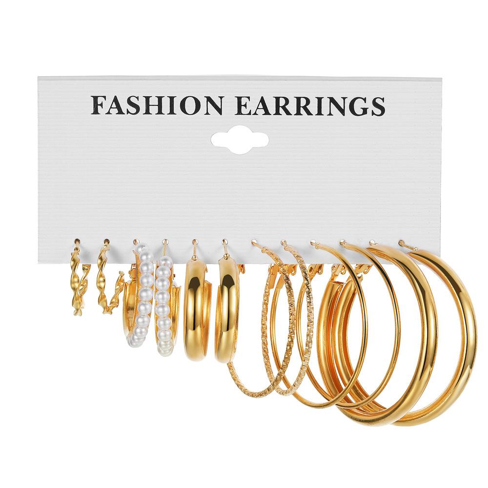 Alloy Ear Ring Square Geometric Shape Earrings Set - 6-piece Vintage Pearl Packaged Earrings Jewelry Set
