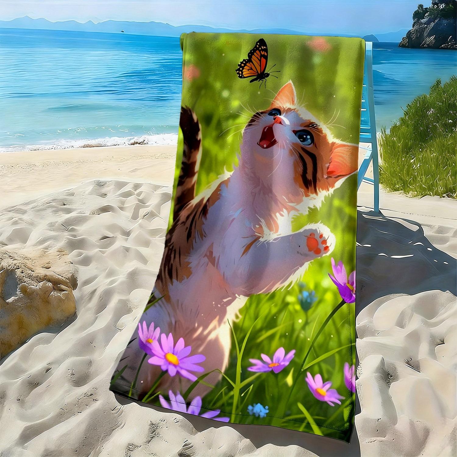

Cute cat and butterfly pattern polyester microfiber beach towel is highly absorbent, suitable for swimming and beach outings W40*H60(CM)