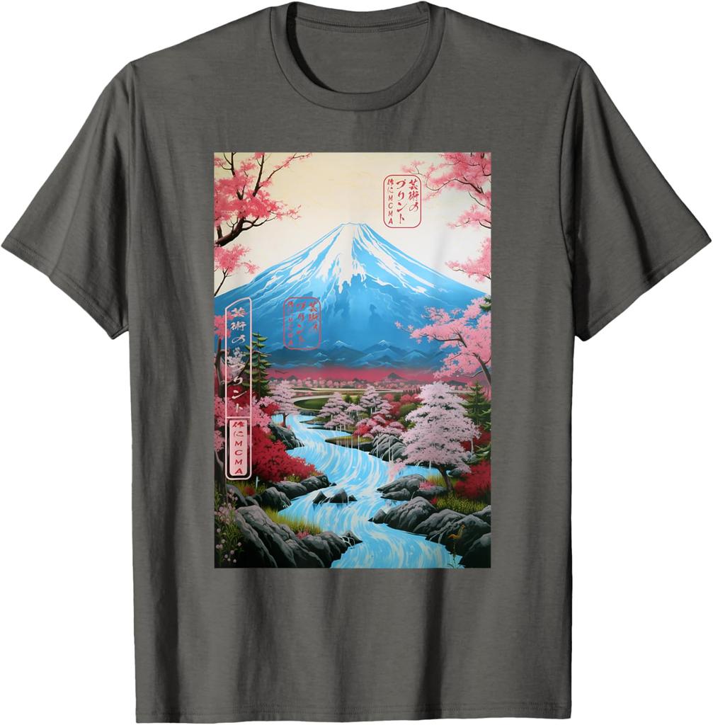 Mount Fuji Ukiyoe Cherry Blossom Graphic TShirt Soft Cotton Casual Short Sleeve Tee for Men