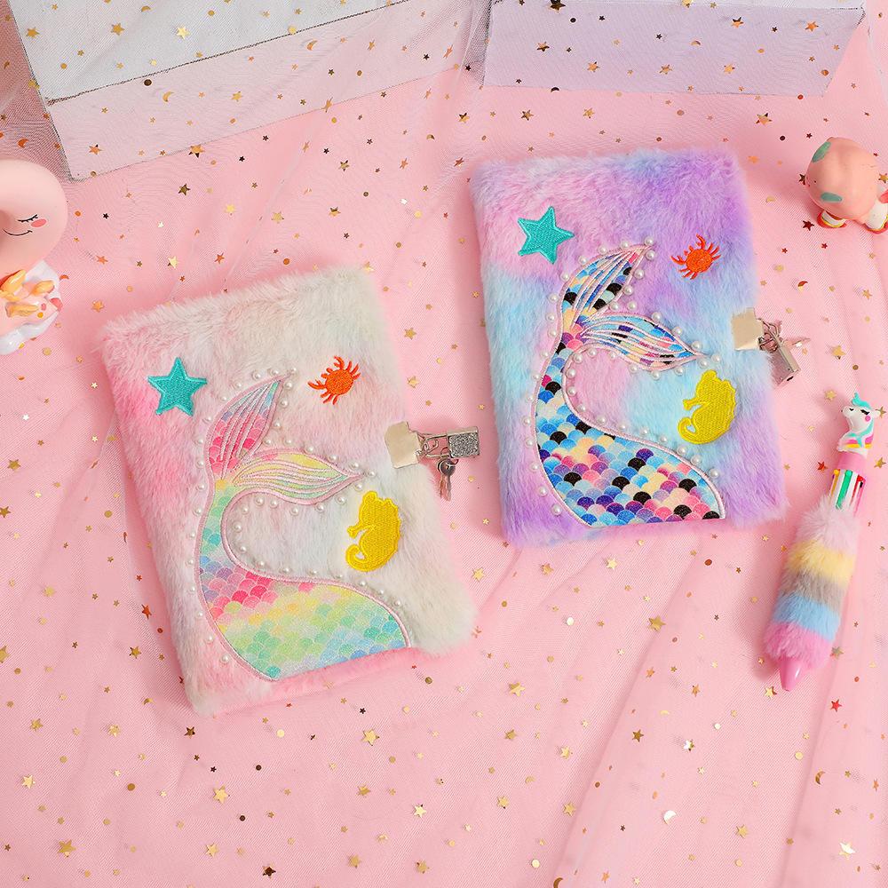 SYC Plush Mermaid Fluffy Paper Cover Notebooks Kids Custom Diary with Padlock for Children Journal Set 80 Sheets