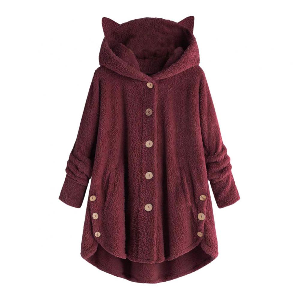Fleece Women Winter Coat Cute Cats Ears Hooded Spring Fluffy Jacket Irregular Hem Buttons Jacket Oversize Soft Kawaii Plush Coat