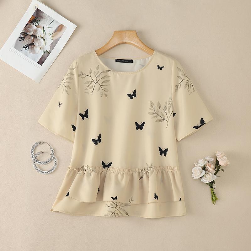 ZANZEA Women Casual Round Neck Loose Short Sleeve Print Blouse S
