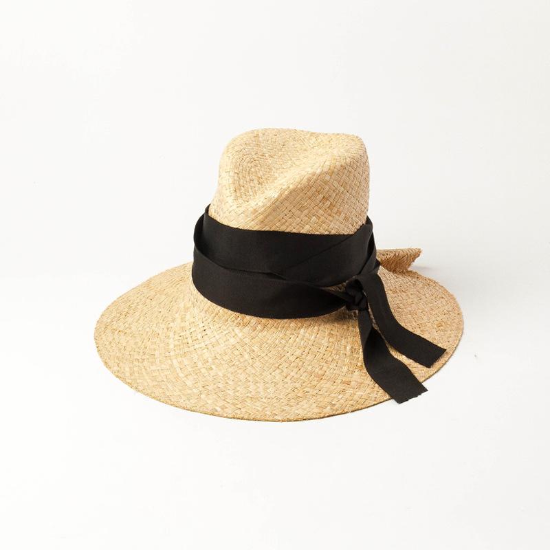 USPOP Spring Summer Wide Ribbon Bow Sun Hats Double-layer Hand-woven Raffia Jazz Hat Outdoor Sunshade Raffia Beach Straw Hat
